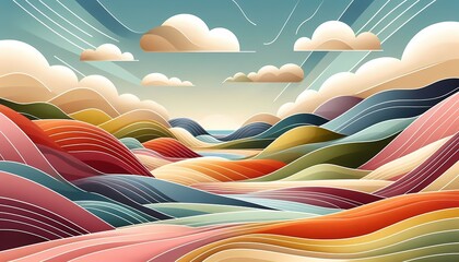 Abstract wave landscape. Colorful layered illustration of rolling hills and sky.
