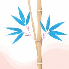 Bamboo stalk with blue leaves. Minimalist illustration of oriental or Japanese botanical elements.
