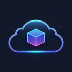 cloud data technology digital storage glowing cube inside cloud icon with futuristic circuit board background representing security connection innovation and modern virtual computing design