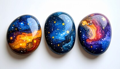 Captivating trio of hand-painted river stones, each a vibrant miniature galaxy art piece, showcasing swirling cosmic nebulae, distant planets, and twinkling stars