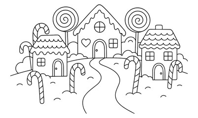 Naklejka premium Charming candy land with gingerbread houses and candy canes in line art