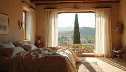 Rustic bedroom interior with scenic views in Tuscany. Room features unmade bed window sunlight curtain and peaceful atmosphere. Italian house architecture creates cozy feeling.