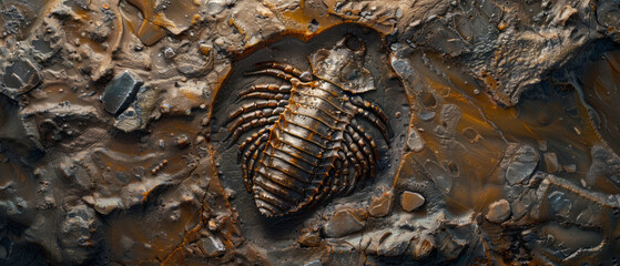 A trilobite fossil on a stone surface illustrates the themes of paleontology, Earth history, and scientific research.