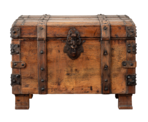 Ornate antique wooden treasure chest with metal straps and decorative lock, isolated on transparent background