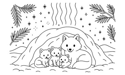 Cute fox family resting in winter den under starry night sky