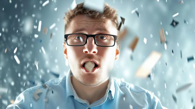 Young man in blue shirt experiencing emotional breakdown, screaming with hands clutching head as paper fragments explode around him
