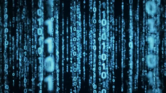 Flowing binary code digits cascading vertically across dark blue digital background in seamless loop evoking futuristic data stream and cyber technology visual effect