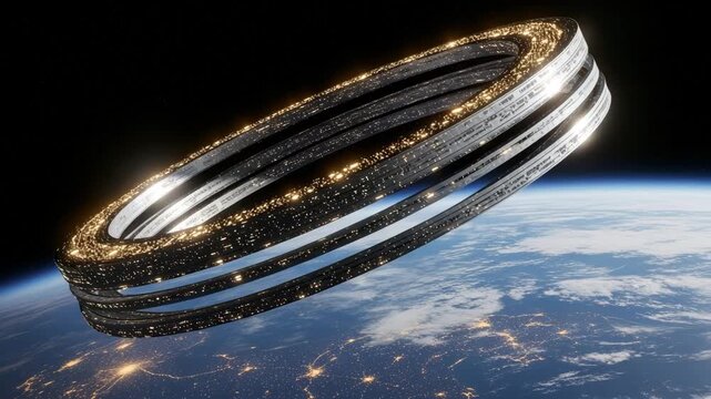 Massive ringshaped space station orbiting earth with glowing lights