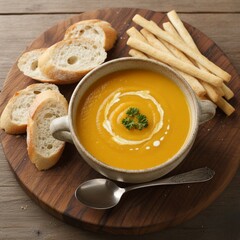 Creamy pumpkin soup garnished with cream swirl and parsley, served with baguette slices and breadsticks on a rustic wooden board