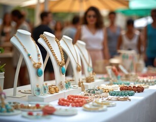 Handmade jewelry on display at outdoor market. Colorful accessories like necklaces, earrings, bracelets on white table. People walk in background. Turquoise, gold, coral beads shine on crafted items.