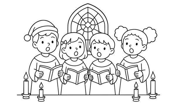 Christmas choir of kids singing with candles in a church line art