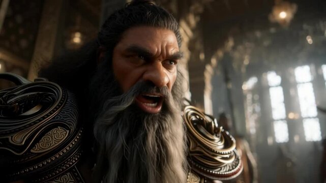 Rakshasa Demon in Palace with Fierce Look &mdash; cinematic stock footage featuring rich detail, vibrant atmosphere, and realistic motion. Perfect for mythology, documentaries, reels, and VFX scenes.