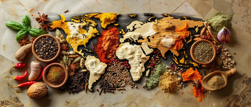 Spices and seasonings on a world map, symbolizing the global diversity of cuisine, useful for culinary blogs, articles about travel and cultural traditions.