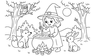 Cute witch mixing potion in forest with animals black and white outline art