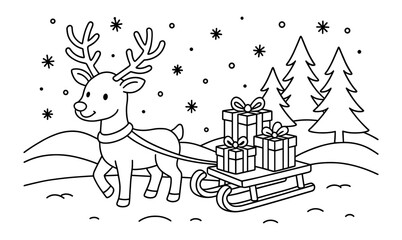 Cute reindeer pulling sled with gift boxes in snowy winter landscape coloring page