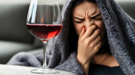 Woman Feeling Sick After Drinking Red Wine