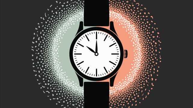 A watch with a black strap and white face surrounded by colorful dots on a dark gray background