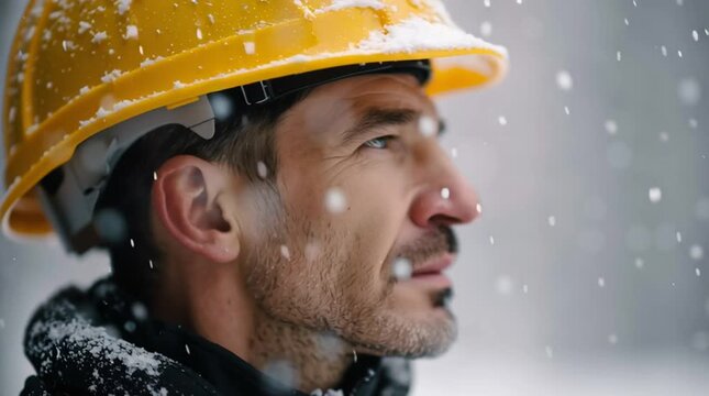 Resilient in the Snow: A construction worker, adorned with a protective yellow hard hat, faces the snowy elements, embodying strength and determination amidst the winter chill, a close-up.