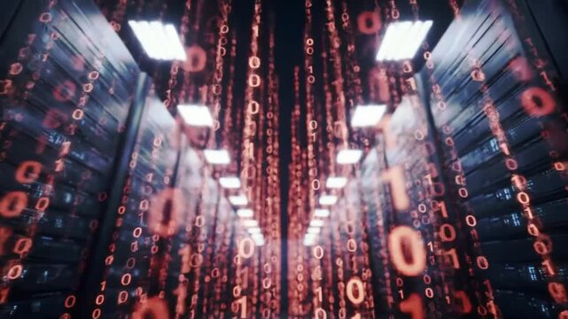Binary code streams cascading through futuristic server room corridor under bright ceiling lights in a seamless loop representing digital data processing and cyber technology - Powered by Adobe