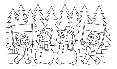 Naklejka premium Children and snowmen holding blank signs in winter forest outline