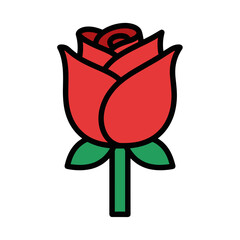 Stylized Red Rose Icon with Green Leaves and Stem.