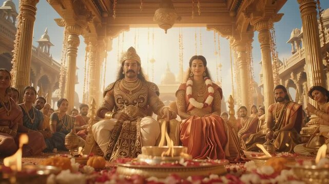Ram Sita and Sage in Golden Palace Assembly &mdash; cinematic stock footage featuring rich detail, vibrant atmosphere, and realistic motion. Perfect for mythology, documentaries, reels, and VFX scenes.