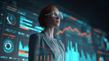 A businesswoman in a futuristic setting, analyzing data with smart glasses and a large screen. - Powered by Adobe