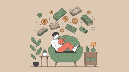 A person reading on a couch surrounded by money symbols and books.