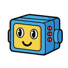 Cute Blue Robot Character with Happy Face and Buttons.