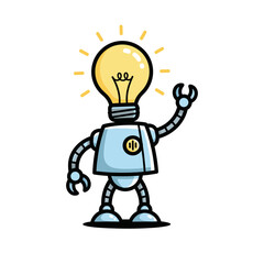 Cute Robot With Lightbulb Head Symbolizing Innovation and Ideas.