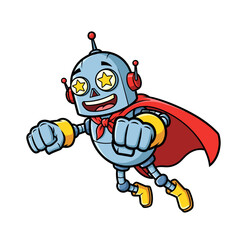 Cute Cartoon Robot Superhero Flying With Cape and Stars in Eyes.