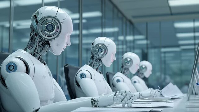 Synchronized humanoid robots executing digital tasks simultaneously at computer workstations within sleek glass office environment, demonstrating advanced technological workforce integration.