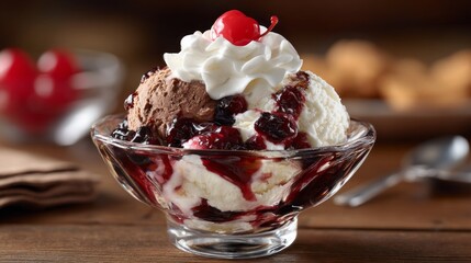 Delicious dessert with chocolate and vanilla ice cream topped with cherries and whipped cream