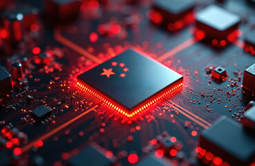 Central processing unit CPU chip with Chinese flag on circuit board with red lights. Microchip on motherboard with glowing red connectors and components. Computer hardware technology concept.