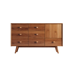 A modern wooden dresser with nine drawers and a cabinet, featuring tapered legs and a warm finish, isolated on transparent background