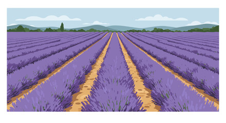 A vast lavender field stretches towards mountains under a cloudy sky © Nandar