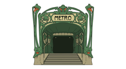 Art Nouveaustyle metro entrance featuring green ironwork arched design and METRO sign with stairs leading inside © Nandar