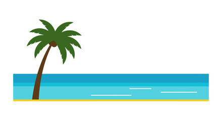 Beach scene with a palm tree blue ocean yellow sand and white wave lines