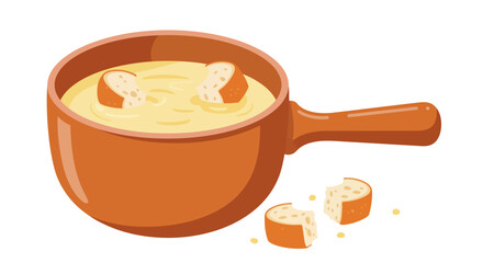 Bowl of soup with bread croutons orange bowl with handle and bread pieces