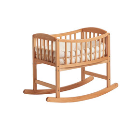 A modern wooden baby crib with rocking base and mattress isolated on transparent background