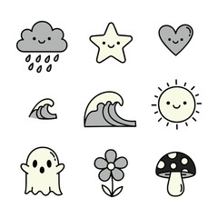 Cute Kawaii Style Icons of Weather Nature and Halloween Elements cloud