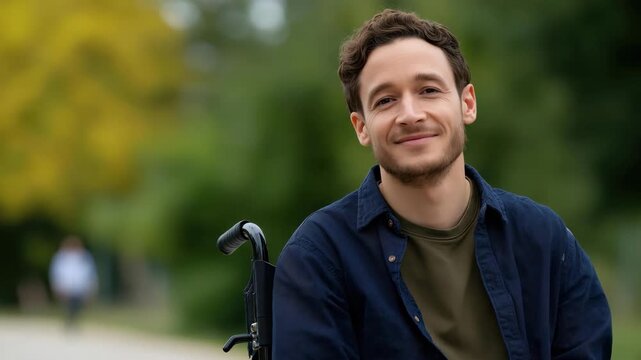 A cheerful young man using a walking stick while enjoying a sunny day in a vibrant park, symbolizing resilience and the joy of outdoor experiences despite challenges.