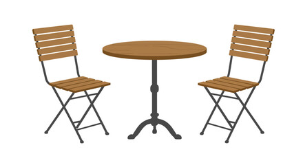 Round wooden table with two chairs set gray metal frames wood slats