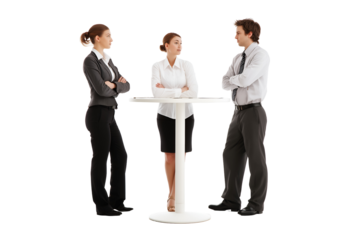 Professional business people engage in a focused discussion at a modern standing table