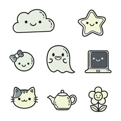 Cute Kawaii Style Icons of Cloud Star Ghost Laptop Cat Teapot Flower vector