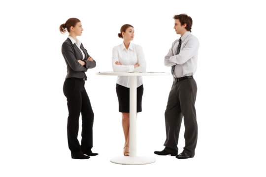 Professional business people engage in a focused discussion at a modern standing table
