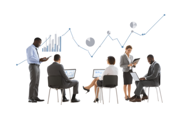 Dynamic business team analyzing financial charts and data on laptops, showcasing collaboration and growth