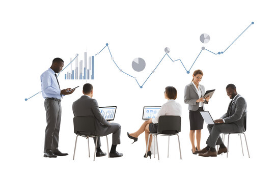 Dynamic business team analyzing financial charts and data on laptops, showcasing collaboration and growth