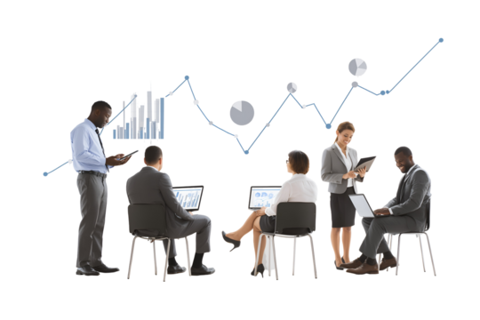 Dynamic business team analyzing financial charts and data on laptops, showcasing collaboration and growth