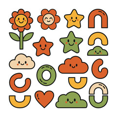 Collection of cute cartoon shapes and characters in retro colors flower smiling flower